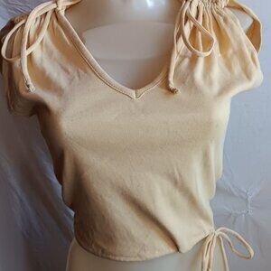 Small Vintage 80's Top Yellow V-Neck T-shirt Crop Ruched Shoulders Drawstring